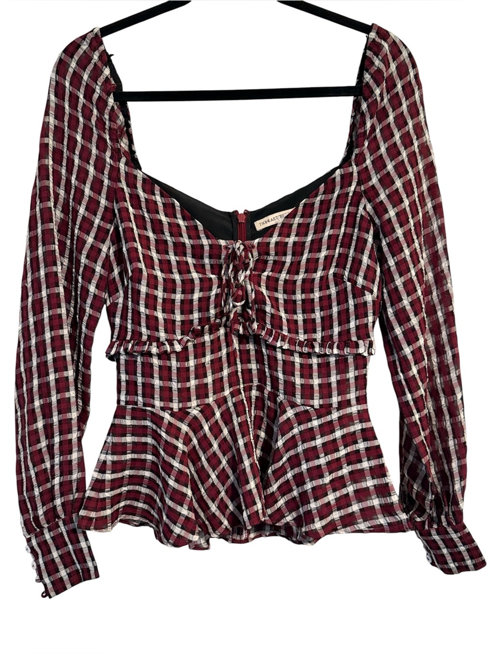 The East Order Burgundy, Black, and White Checkered Blouse